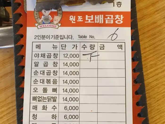 메뉴판의 일부, 돼지곱창, 순대곱창, 닭발 등의 메뉴와 가격이 적혀 있다.