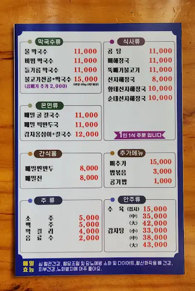 메뉴판에는 다양한 종류의 막국수와 곁들임 메뉴가 명시되어 있었다.