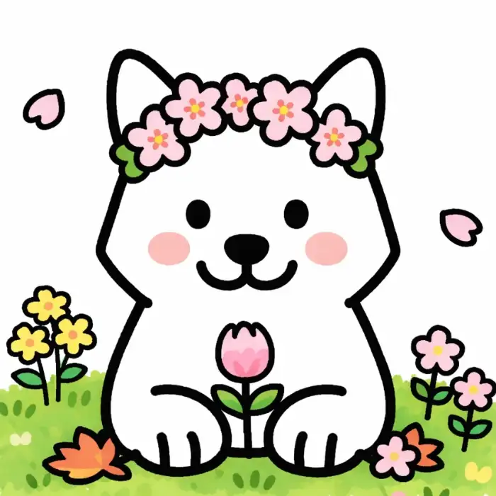 꽃 화관을 쓴 귀여운 강아지 그림