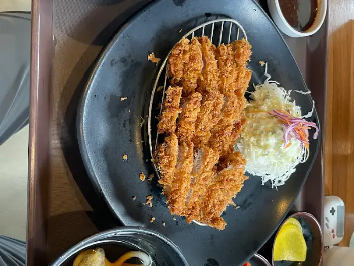 돈까스와 샐러드, 소스가 함께 담긴 전체 샷