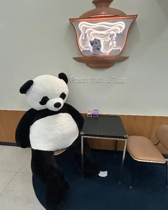 매장 내부의 팬더 인형과 독특한 조명 장식