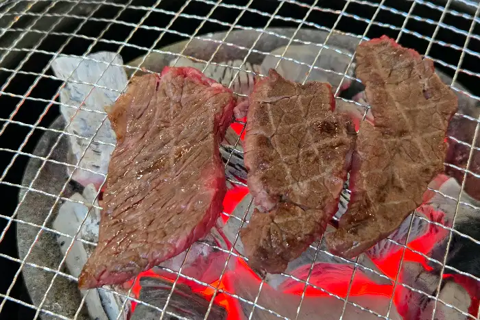 숯불 위에서 맛있게 익어가고 있는 갈비와 고기 조각들