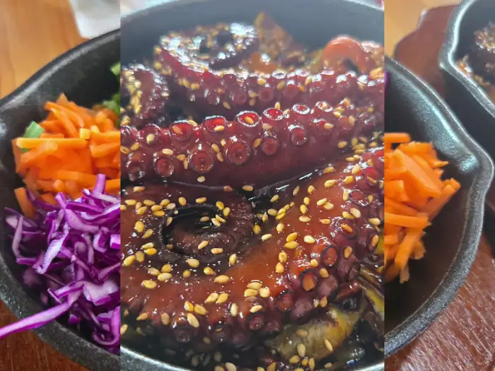 돌문어 덮밥과 곁들여 나온 샐러드 모습