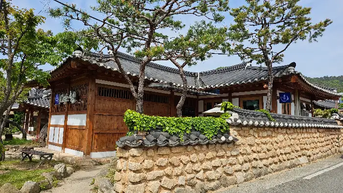 카페 외부를 둘러싼 돌담과 그 위로 뻗어 나온 나무, 그리고 한옥 건물의 일부가 보이는 풍경