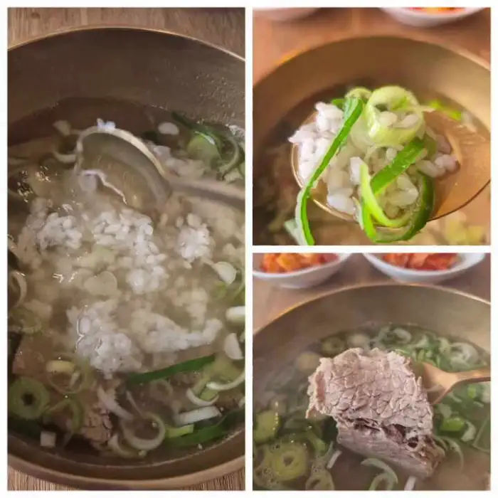 곰탕에 밥을 말고 고기와 파를 곁들여 먹는 모습