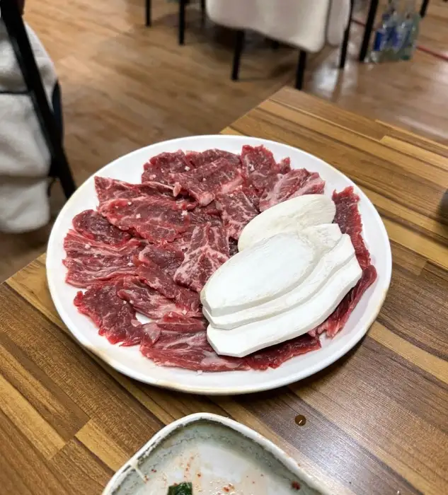 신선한 고기와 버섯이 담긴 접시