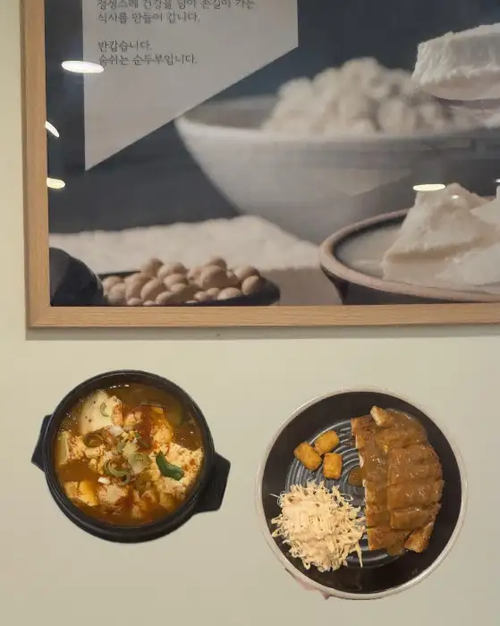 순두부 찌개와 돈까스, 샐러드가 함께 담긴 접시