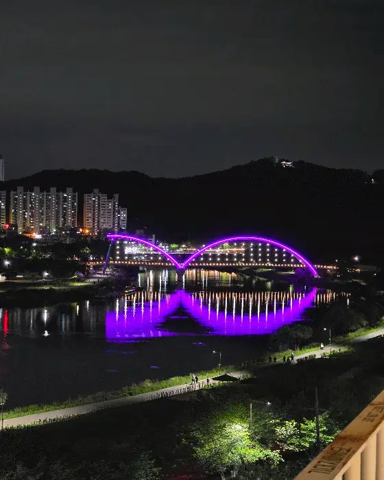 보라색 조명이 켜진 다리 야경