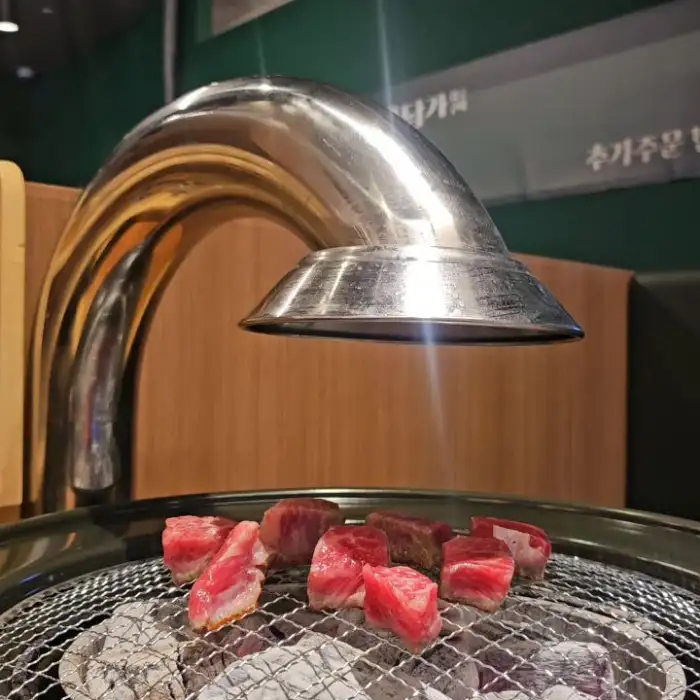 화로구이 불판 위에서 굽고 있는 큼직한 큐브 모양의 소고기