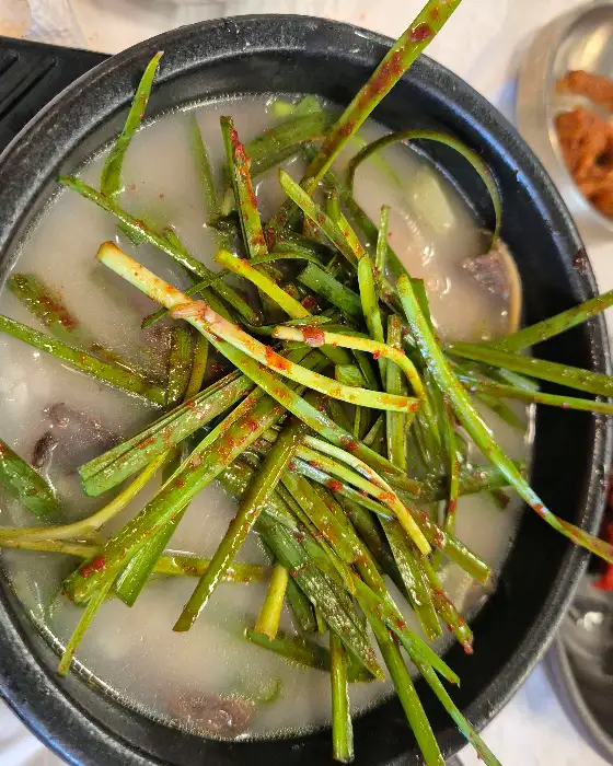 따뜻한 곰탕에 싱그러운 파가 듬뿍 올라간 모습