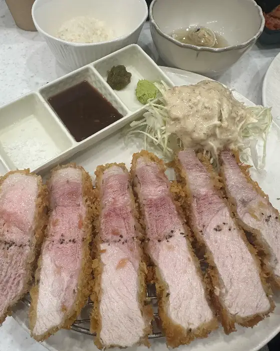 다양하게 썰어진 돈까스 조각과 곁들임 소스