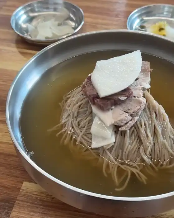 고기가 듬뿍 올라간 평양냉면 근접 촬영