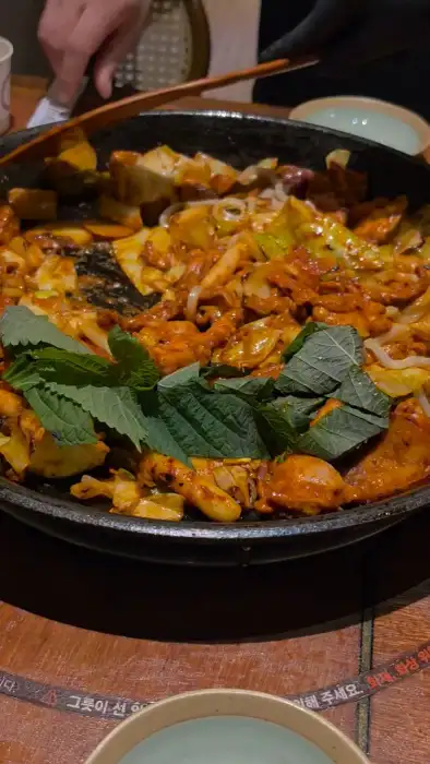 닭갈비와 다양한 야채, 떡, 우동사리가 푸짐하게 담긴 모습