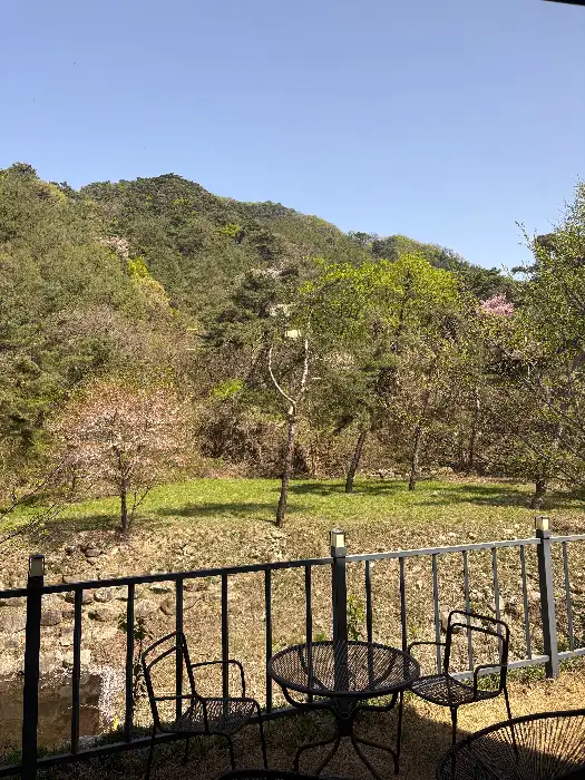 야외 테이블에서 보이는 푸른 산 풍경
