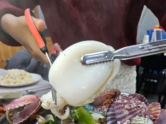 집게로 집어 올린 커다란 오징어