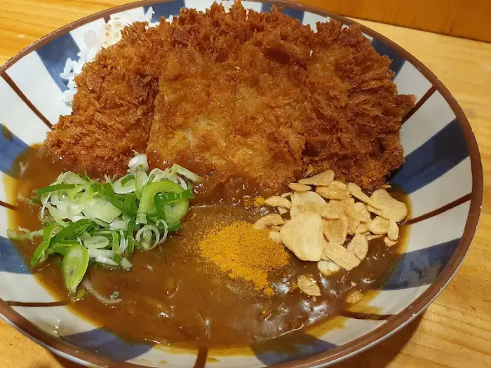 카레돈까스 모습. 넓은 접시에 밥과 두툼한 돈까스가 담겨 있고, 카레 소스가 넉넉하게 부어져 있습니다. 돈까스 위에는 파채가, 소스 위에는 향신료 가루와 튀긴 마늘 슬라이스가 올라가 있습니다.