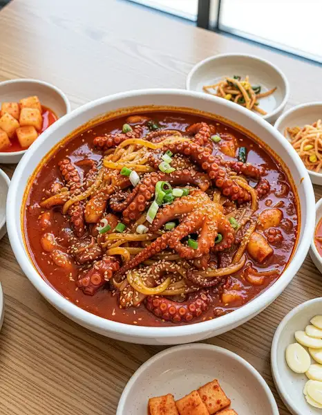 큼직한 오징어와 면사리가 어우러진 먹음직스러운 오징어불고기가 큰 접시에 담겨 있습니다.