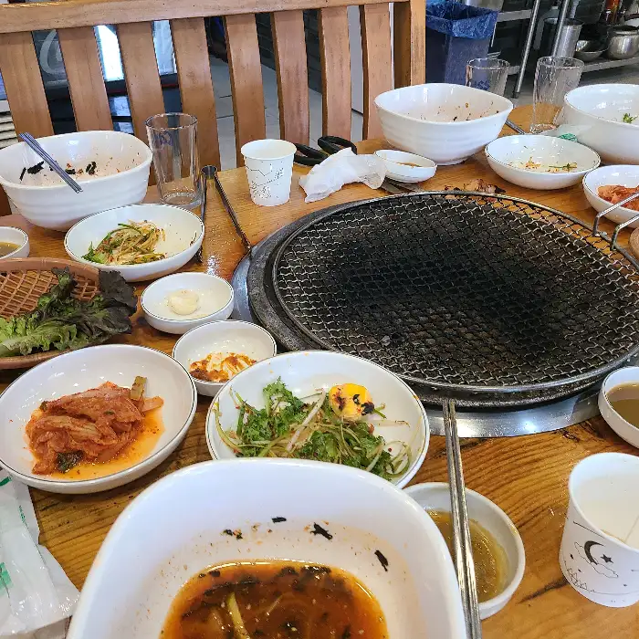 테이블 위의 닭갈비 불판과 반찬들
