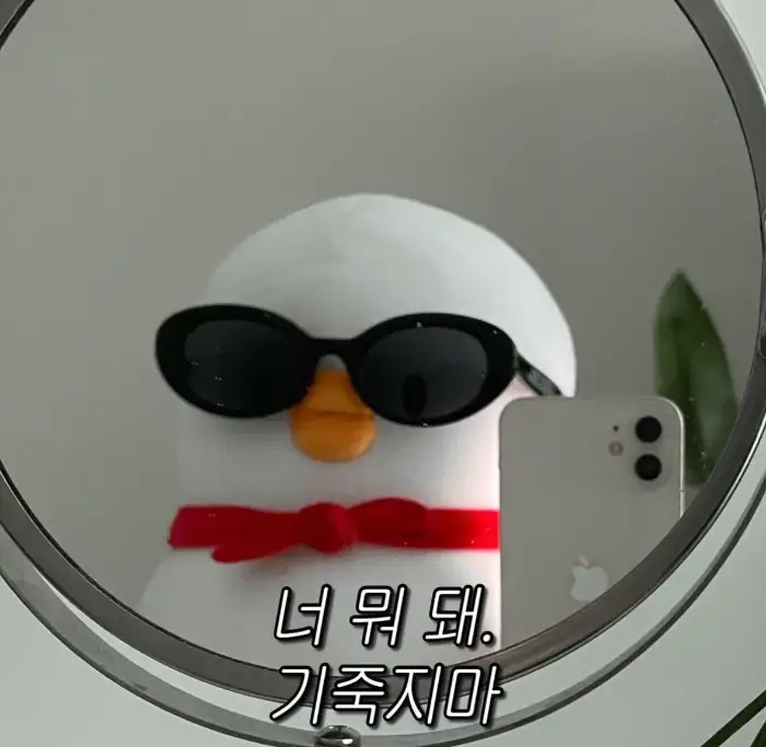 귀여운 캐릭터 인형이 선글라스를 쓰고 턱받이를 한 모습