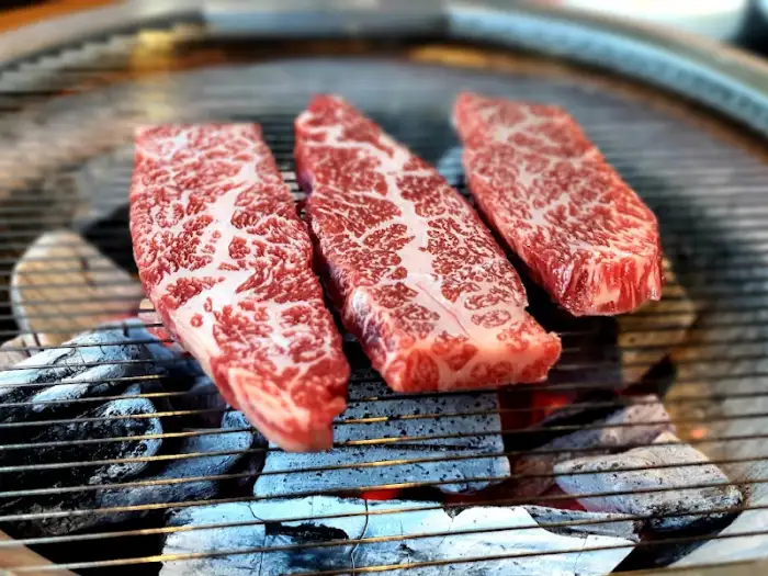 숯불 위에 올려진 세 덩이의 두툼한 고기
