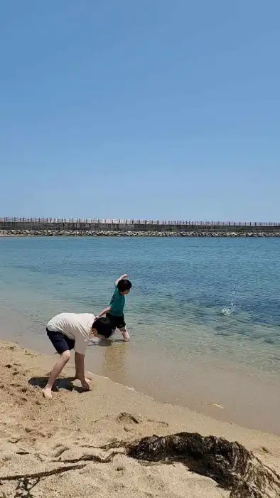 바닷가에서 즐거운 시간을 보내는 아이들