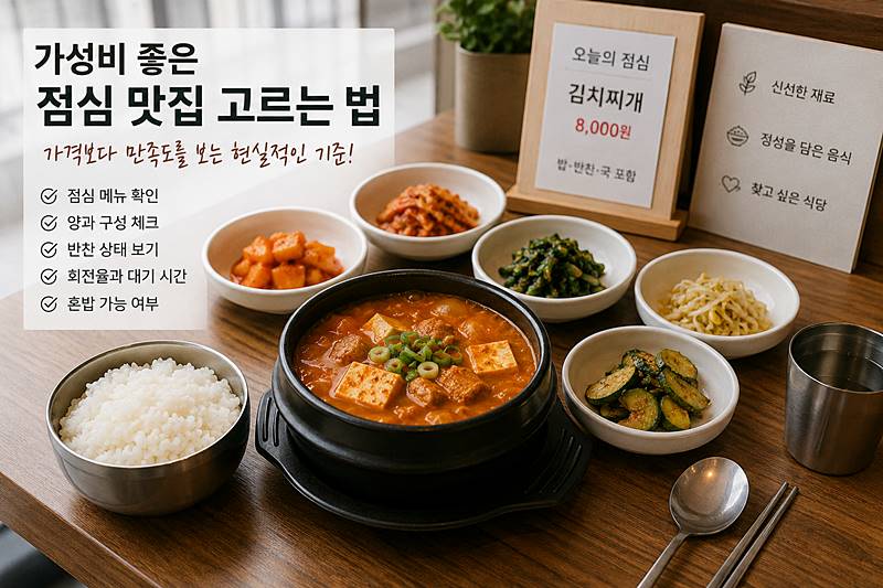 가성비 좋은 점심 맛집을 고르기 위해 메뉴판과 식당 후기를 확인하는 모습