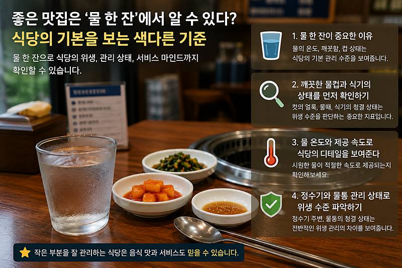 물 한 잔이 식당의 기본을 보는 다양한 각도를 설명해 주고 있습니다